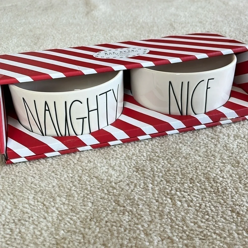 Brand New Rae Dunn 6” Dog Cat Pet Food Bowls Ceramic Naughty Nice Christmas